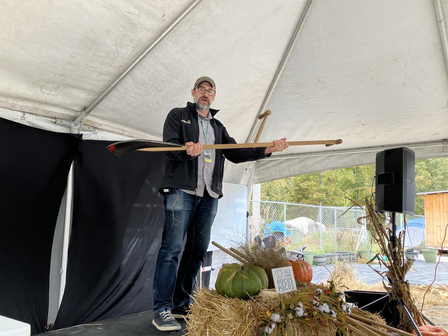 John teaching scything at the Self Reliance Festival in Camden, TN, October 2023